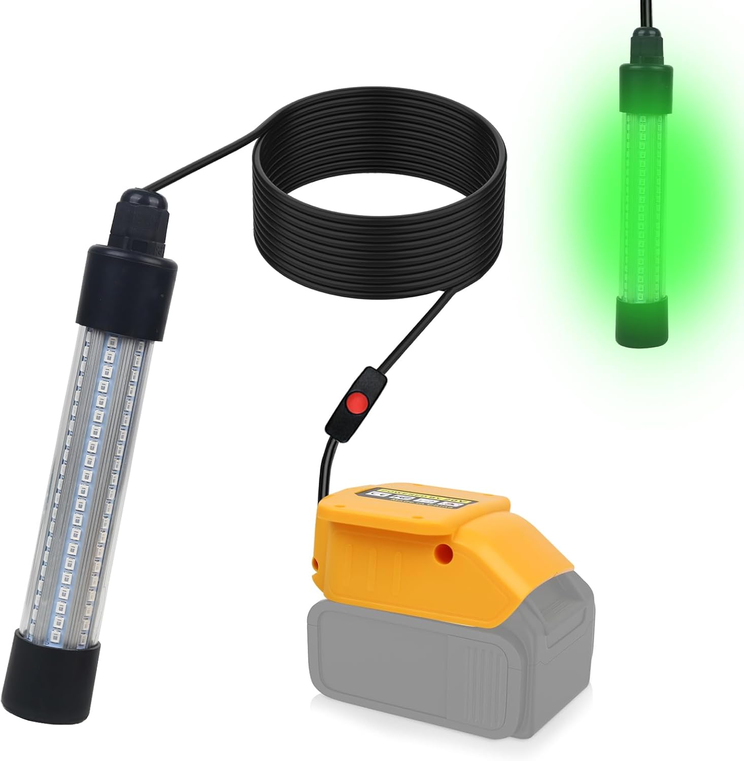 LED Underwater Fishing Light Compatible with for DeWalt 20V Battery, 1300 Lumens IP68 Waterproof Submersible Green Fish Attractant Lamp for Ice Fishing, Night Fishing, Boat Fishing