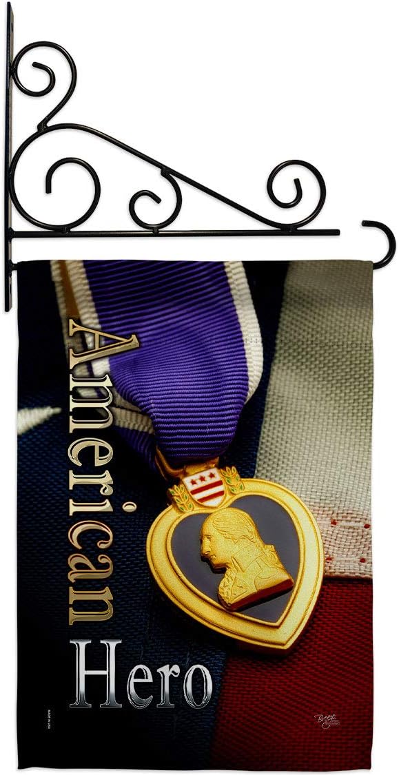 Purple Heart Hero Garden Flag Set Wall Holder Armed Forces Military Service All Branches Support Honor United State American Veteran Official Small Gift Yard House Banner Double-Sided 13 X 18.5