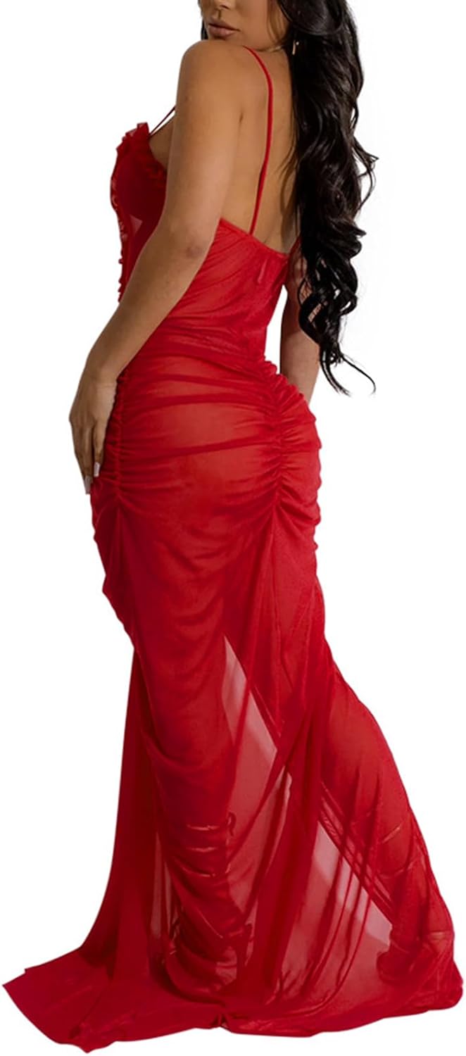 Uni Clau Women Sexy Mesh Sheer Maxi Dress Y2k See Through Low Cut Backless Bodycon Fitted High Slit Long Dress Party Dresses - Image 2