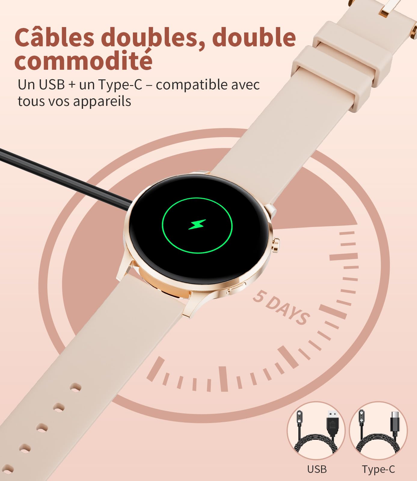 Montre Connectée Femme avec Appel Bluetooth, 1.32" AMOLED Smartwatch, 120+Sportif Sommeil, Podomètre, Fréquence Cardiaque/Sommeil/IP68 Étanche Montre Running Compatible pour Android iOS (Doré)