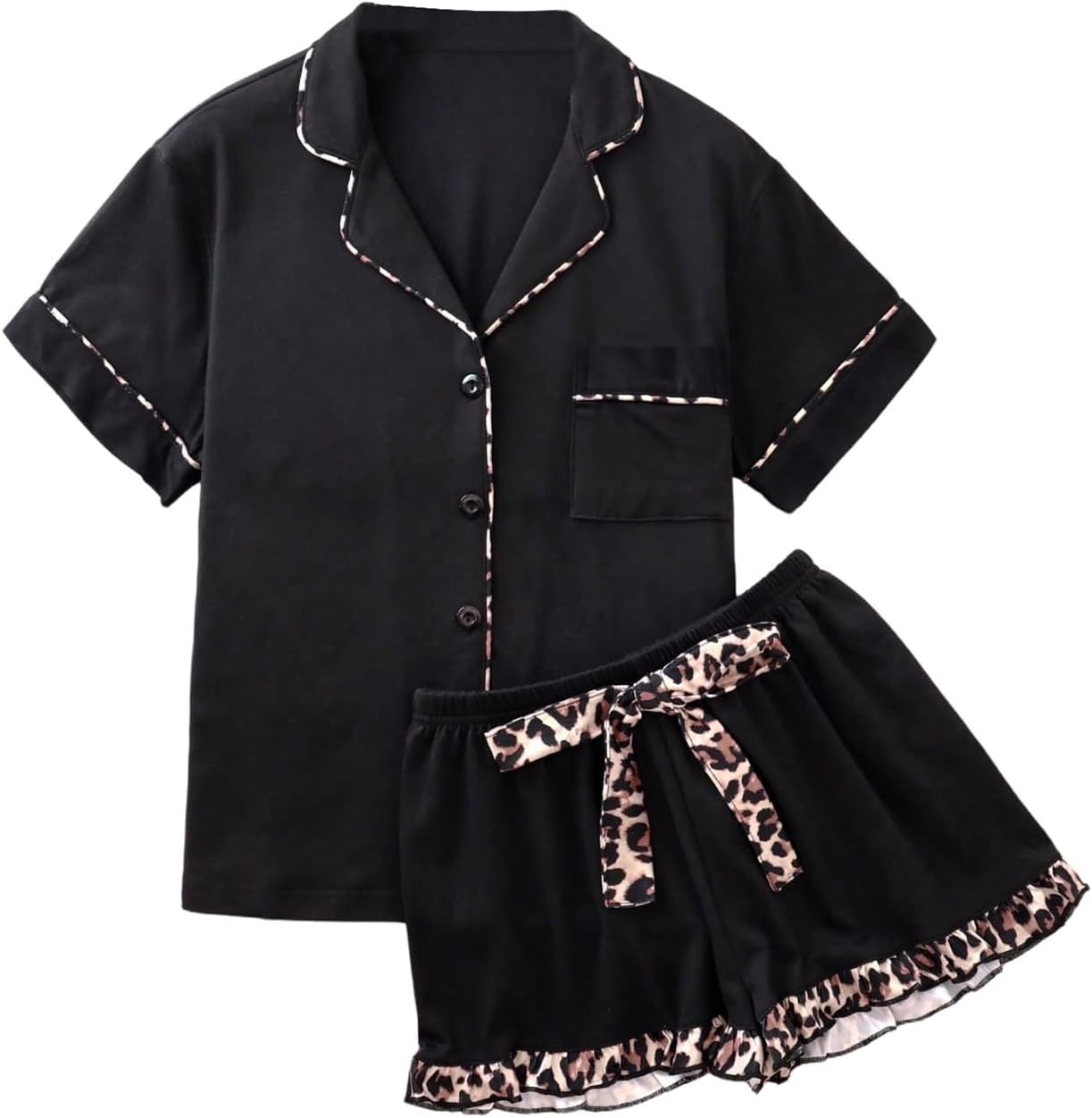 Women's 2 Piece Leopard Bow Pjs Pajama Sets Button Down Nightshirt and Ruffle Shorts Set Cute Sleepwear