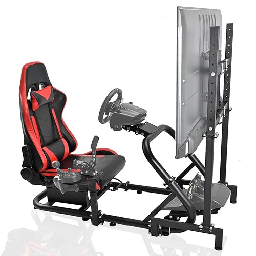 Minneer Immersive Drive Fly Simulator Cockpit with Red Seat and TV Stand Fit for LogitechThrustmasterFanatec G29G920T248 Racing Wheel Stand(Wheel,
