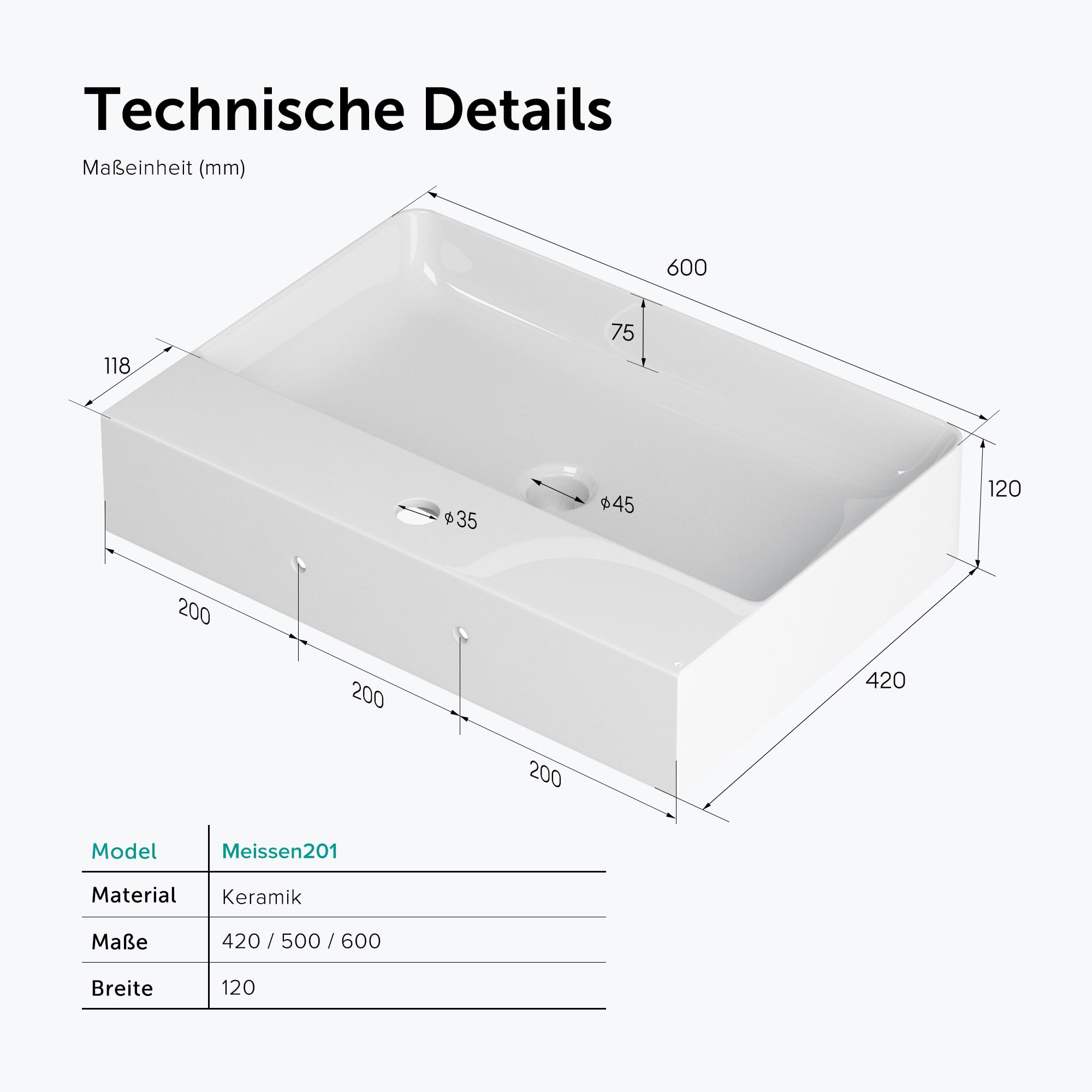 doporro Lavabo sobre Encimera Lavabo Suspendido Baño | Rectangular | Blanco | Cerámica | 50x42x12cm | con Rebosadero y Orificio para Grifería | Meissen201