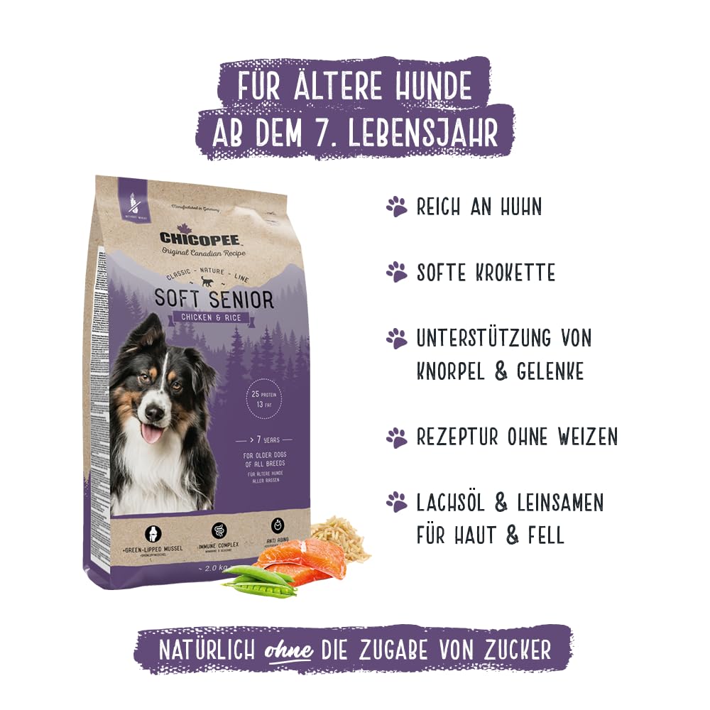 Chicopee Classic Nature Line | Soft Senior | Hundefutter halbfeucht | Mit Huhn & Reis | Weizenfrei & Soft-Krokette | Bedarfsgerechtes Life-Cycle-Konzept | Inspiriert von der Natur Kanadas | 15 kg