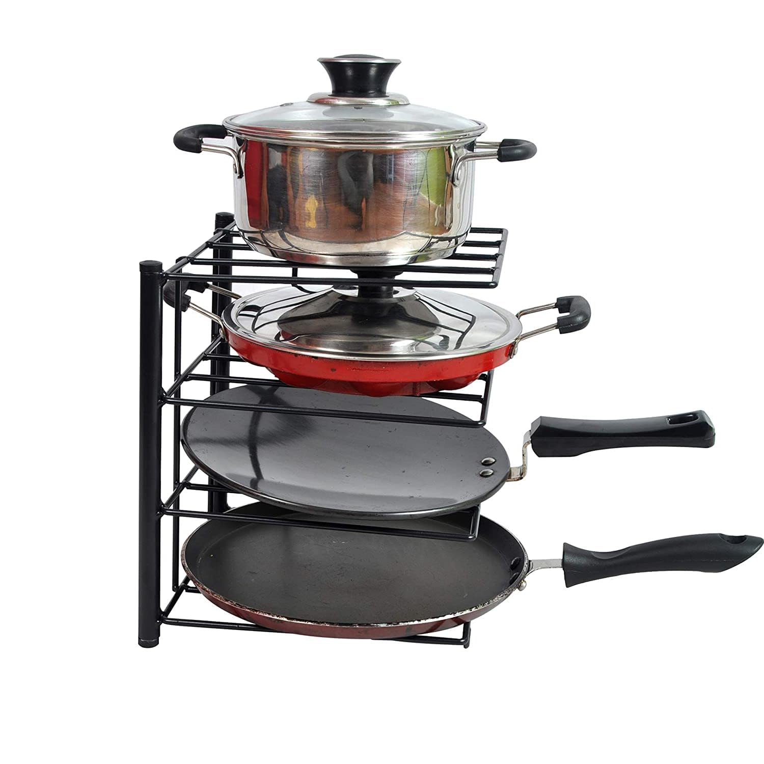 Dime Store Iron Portable Pot Pan Rack Organizer Holds Cast Iron Skillets, Griddles & Shallow Pots - 5 Tier Pot,Pan & Tawa Holder Stand Multipurpose Shelf (Black, Rectangular, Floating Shelves)