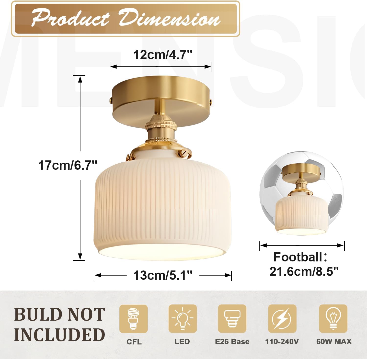 White Ceramic Semi Flush Mount Ceiling Light Vintage Gold Close to Ceiling Light Small Milk Glass Flush Mounted Hallway Light Fixtures for Kitchen Entryway Bathroom Porch Foyer Hall MCL29-D