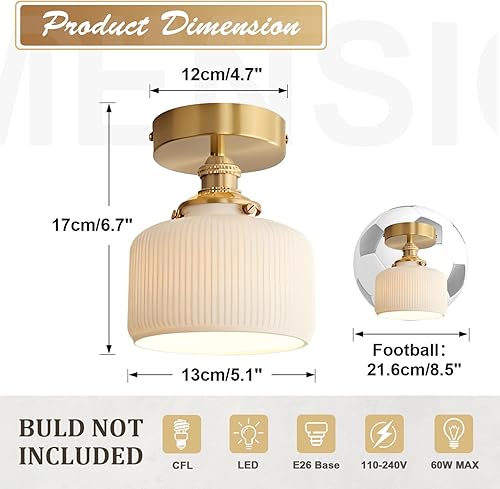 Miniatura 3 de Lámpara de techo semiempotrada de cerámica blanca vintage dorada para cerca del techo, pequeña luz de vidrio de leche montada empotrada para cocina,