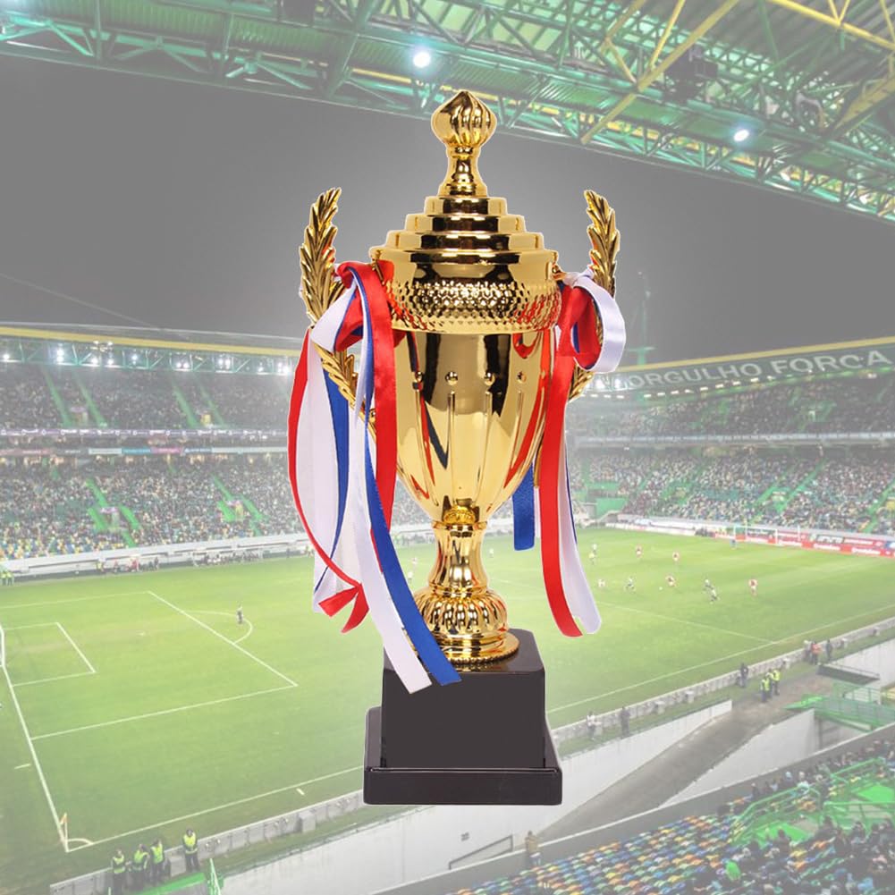 Coppa grande trofeo d'oro trofeo da competizione in oro personalizzato con base coppa trofeo calcio con nastro colorato per eventi sportivi, premi di gioco, 37 cm