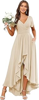 Long Chiffon Bridesmaid Dresses for Women V-Neck Aline Ruffles Pleated Formal Evening Dress with Pockets - Buy now