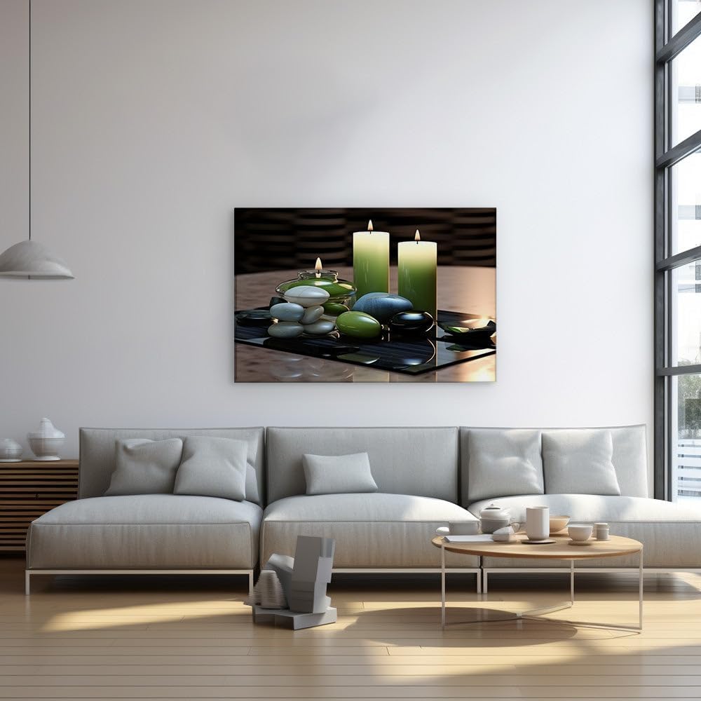 Canvas for Living room. Serenity Captured: The Artistic Interplay of Candlelight and Stone Reflections, 27 x 18 inch Canvas Wall Art - Contemporary Masterpieces - Modern Home Decor