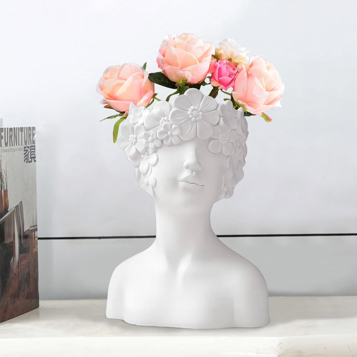 White Flower Vase,Face Vase Bust Head Shaped Ceramics Statue,Suitable for Birthday Gifts Home Office Decoration (Charming vase)