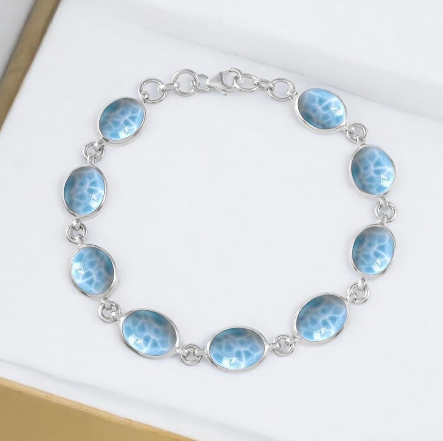 Natural Larimar Gemstone 925 Sterling Silver Link Tennis Bracelet Gift For Unisex 7 Inch To 8 Inch Blue Larimar Stone Solid Silver Adjustable Bracelets For Men Women Girl Gifts