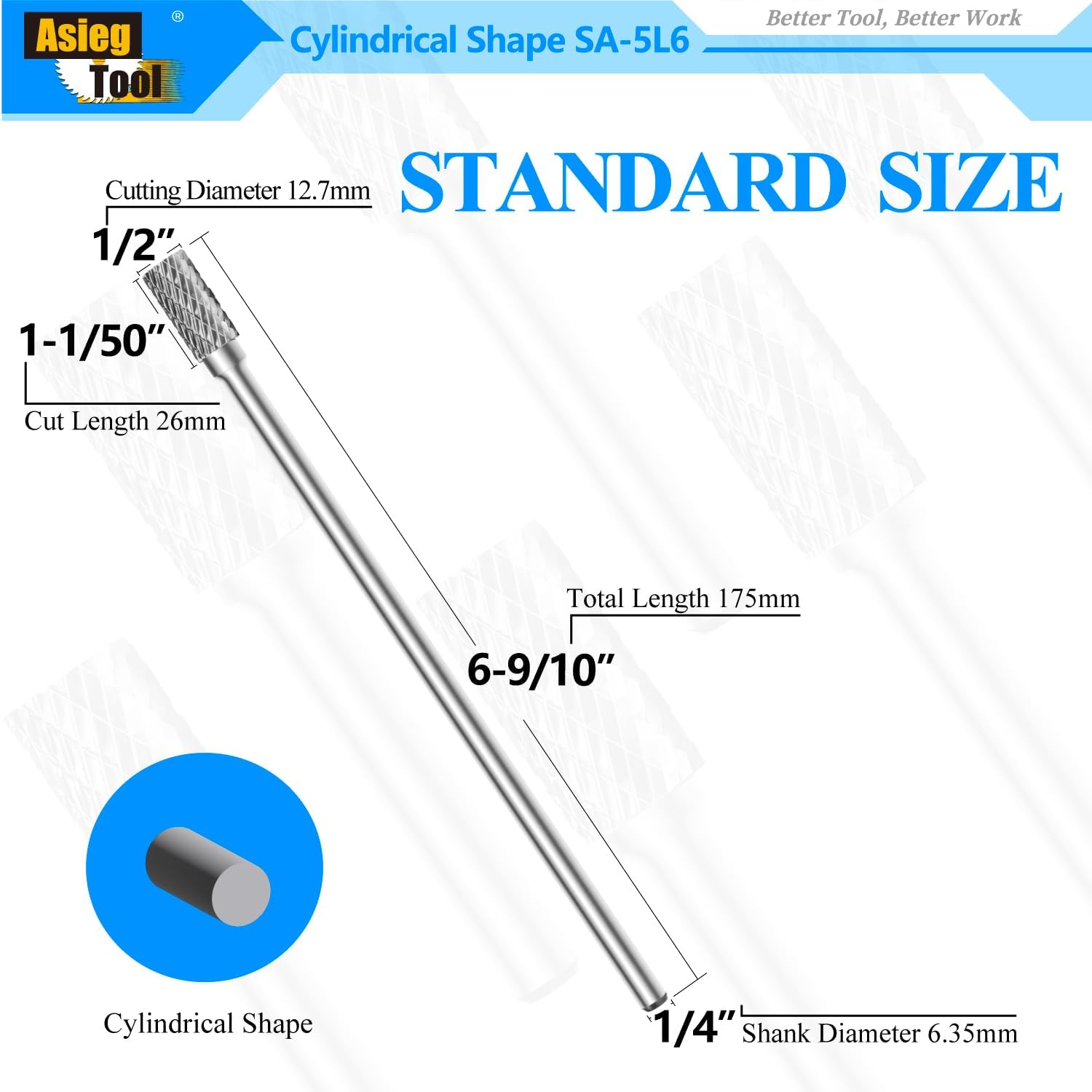 SA-5L6 Tungsten Carbide Burr Lengthened Rotary File Cylindrical Shape Double Cut for Die Grinder Drill Bits 1/4'' Inch Diameter of Shank and 1/2'' Inch Diameter of Cutter 1'' Inch Cutter Length