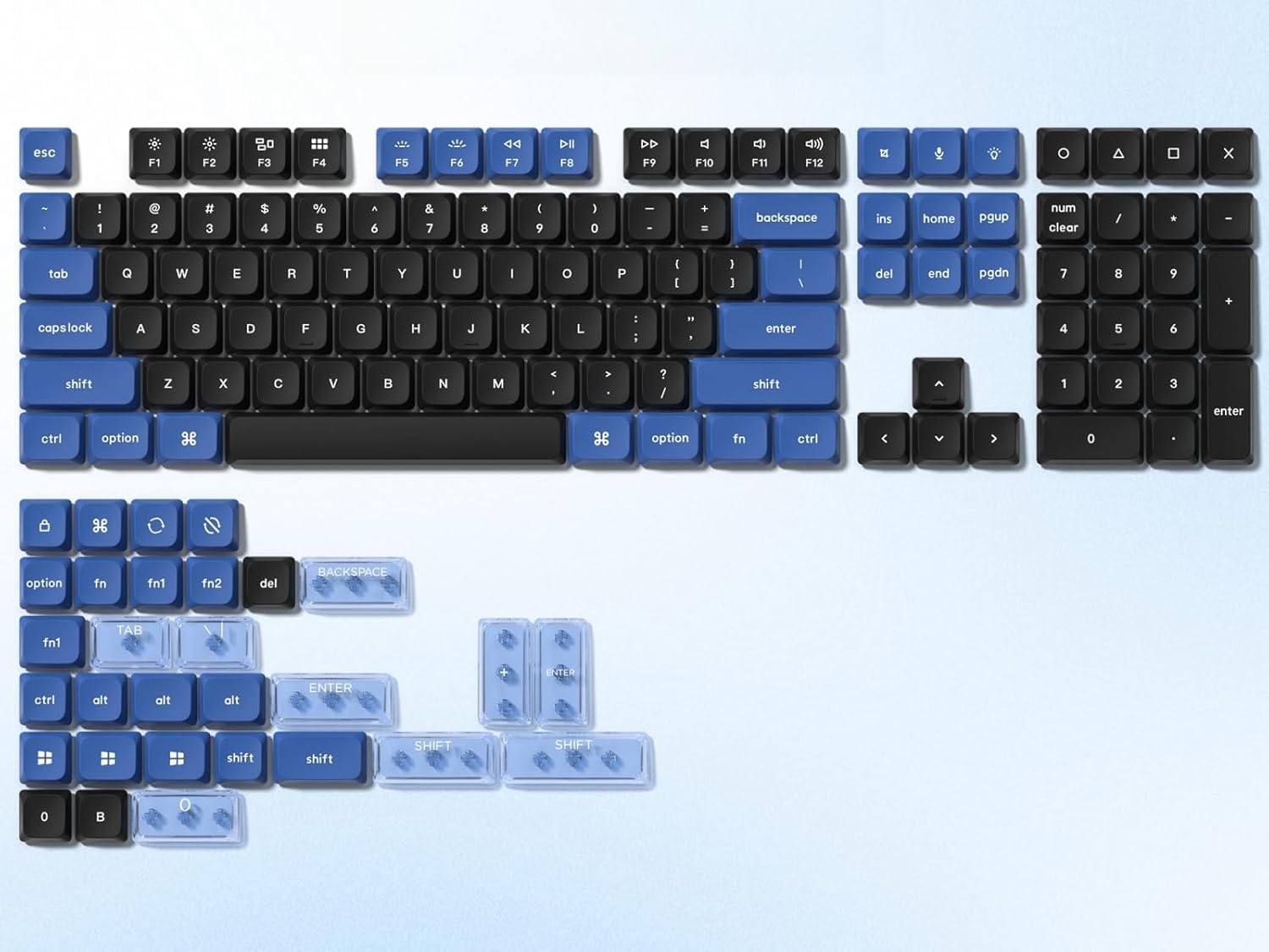Teclas de Perfil bajo, Doble Disparo PBT 60 75 100 por ciento, Tapas Transparentes ANSI US para Teclado, Azul Oscuro/Azul para la mayoría de los interruptores MX Teclado (Solo Teclas