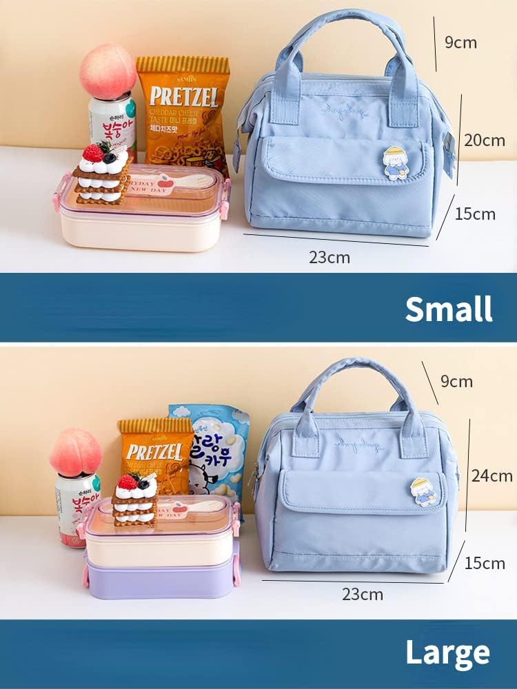 Kawaii Lunch Bag with Kawaii Pins Cute Aesthetic Lunch Box for Women Reusable Large Insulted Reusable Lunch Tote Bag (Pink,Large)