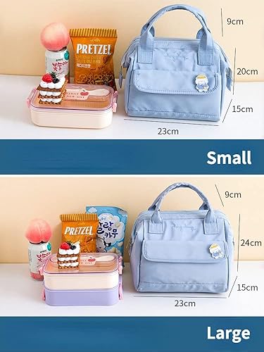 Miniatura 7 de Lonchera Kawaii con pines kawaii, bolsa de almuerzo estética reutilizable con aislamiento para mujeres, verde, grande