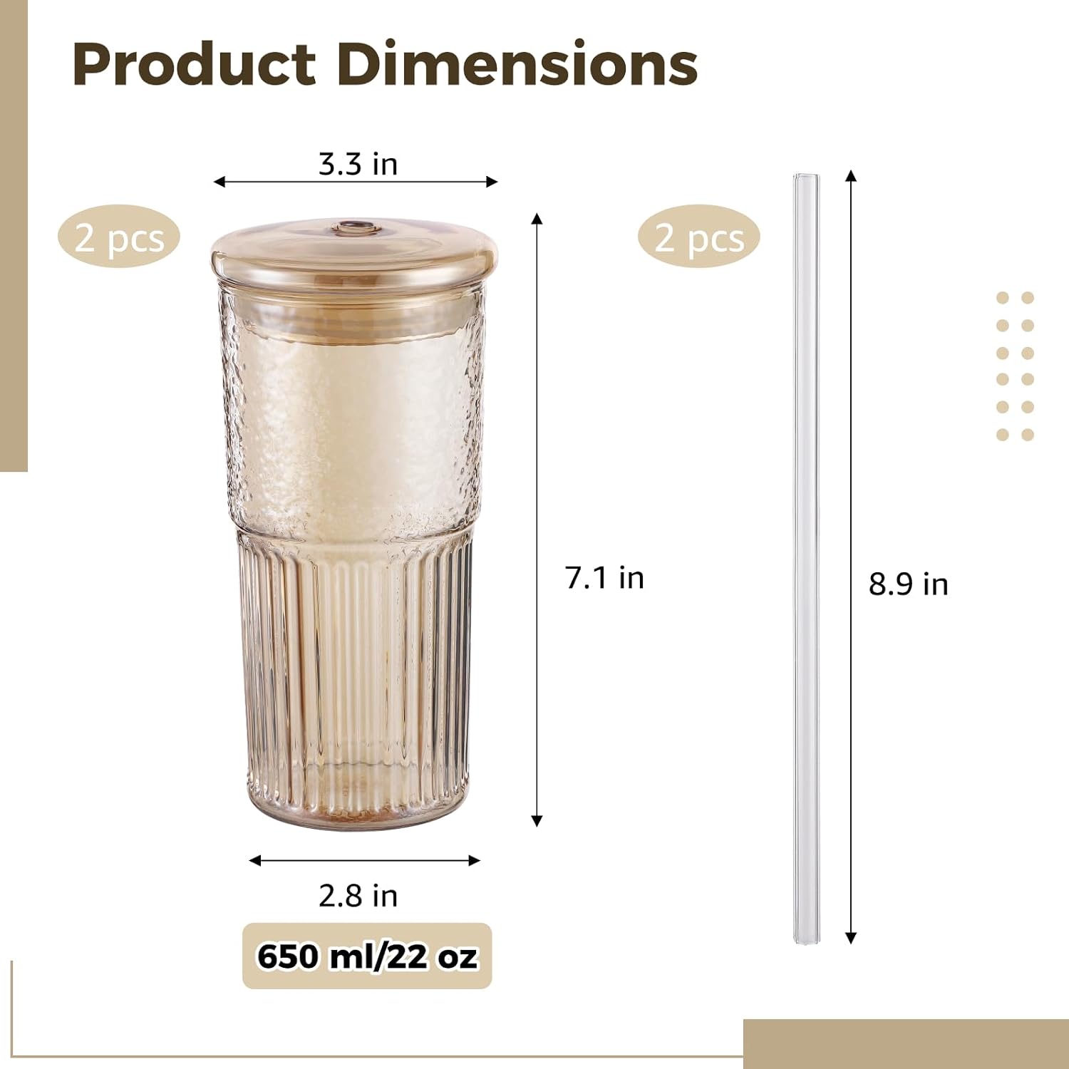 2 Pcs Ribbed Glass Tumblers, 22 oz Amber Drinking Cups with Straws and Lids, Borosilicate Glassware Set, Reusable Beverage Bottle for Iced Coffee, Smoothies, Water, Hot & Cold Drinks, 7.1 x 2.8 in