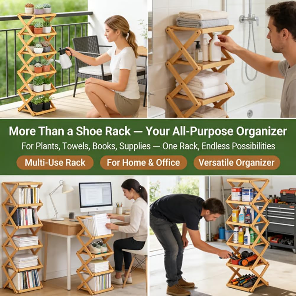 6-Tier No-Assembly Bamboo Shoe Rack, Space Stackable Multi-storage Organizer, Strong Load-Bearing Capacity, Space-Saving, For Entryway Hallway Closet Bedroom Living Balcony, Natural ‌eco-Friendly‌