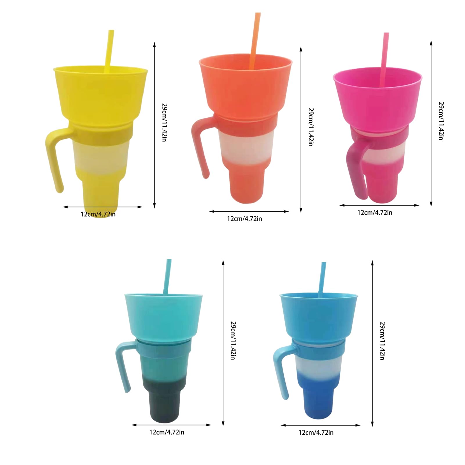 5 vasos 2 en 1, vasos de plástico reutilizables para bebidas y aperitivos con popote, vaso de estadio con cuenco superior para papas fritas y Coca-Cola, perfecto para uso sobre la marcha con una