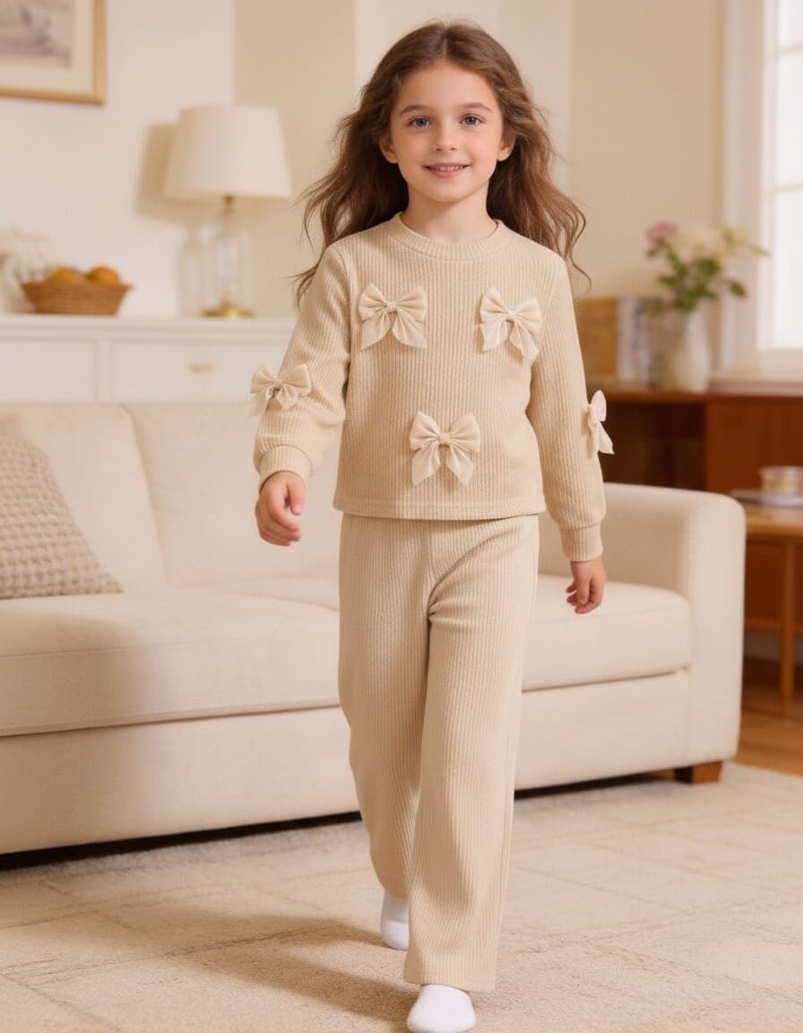 Toddler Girl Clothes Long Sleeve Bowknot Outfits Wide Leg Pants Two Piece Fall Winter Clothing Set for Girls