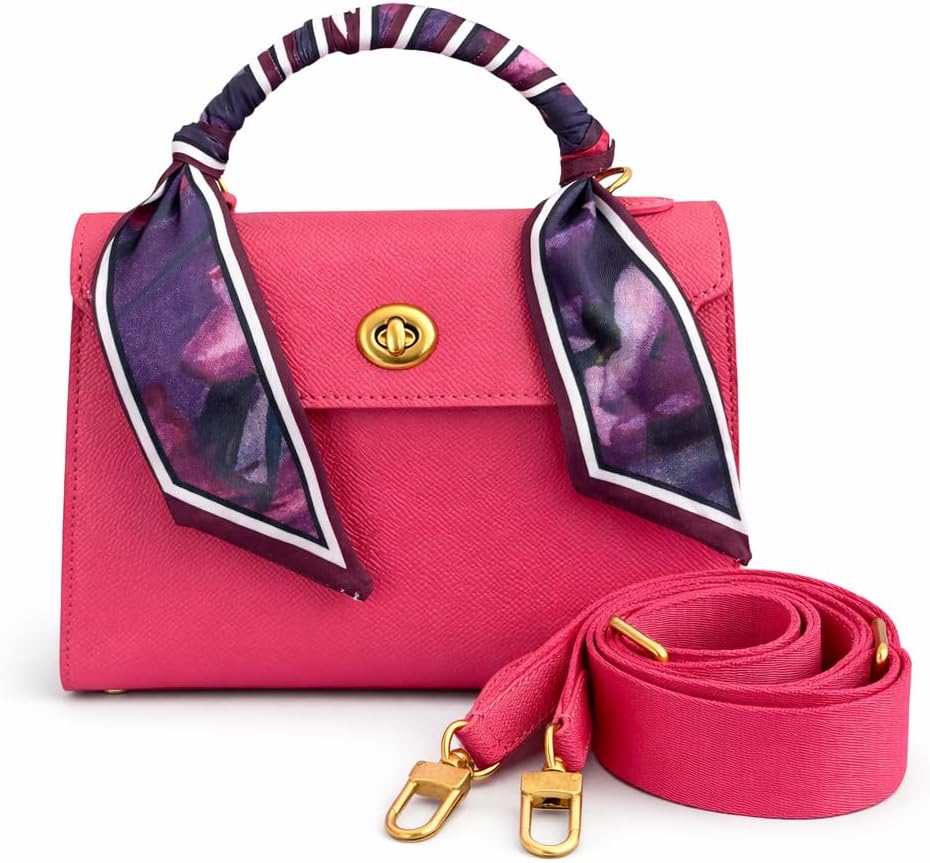Small Leather Handbag With Silk Scarf Crossbody Strap Fits All Mobile Phone | Adjustable Strap, Mother’s Day Gift, Vacation Trip Bag, Shop Handsfree, Gold Lock & Hooks, Formal Events