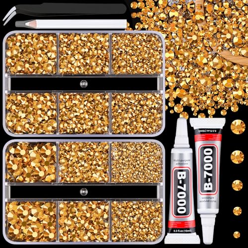 Resin Jelly Rhinestones for Crafting with B7000 Jewelry Glue 2 Boxes Gold Flatback Crystals with 2Pcs 10ml Glue Bedazzling Non Hotfix Gems for DIY Tumblers Clothing Shoes Manicure