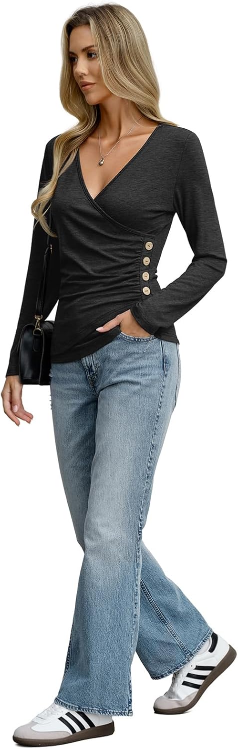 Women's Long Sleeve Deep V Neck Tops Wrap Ruched Slim Fit Shirts Button Side Blouse Sexy Fall Outfits 2025 - Image 6
