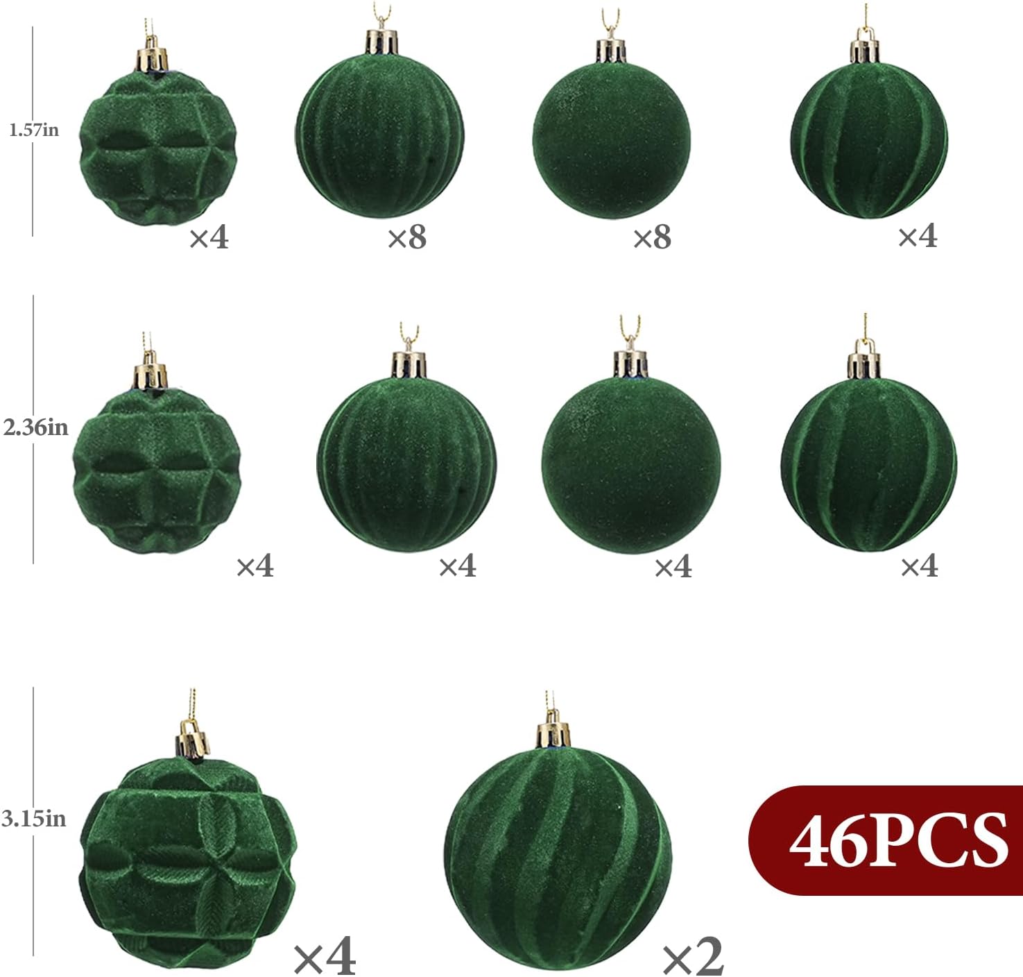 zhuqing 46pcs shatterproof velvet christmas ornaments set - 3 sizes flocked xmas tree decorations for holiday home decor, wedding & party, family-friendly festive decorations (dark green)