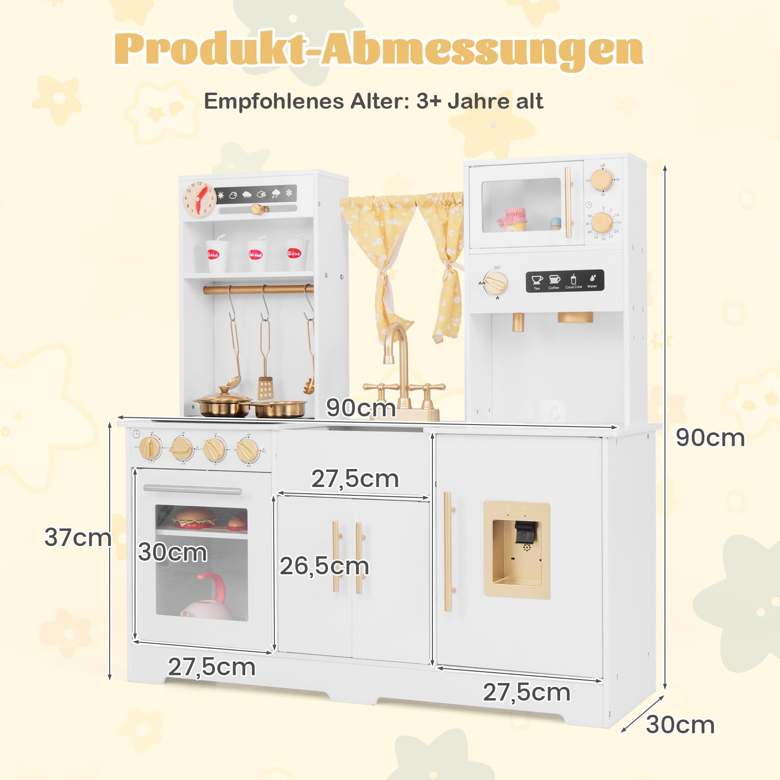 COSTWAY Kinderküche aus Holz, Spielküche mit Licht und Sound, Kinder Küche mit Spüle, Wasserhahn, Herd, Wasserspender, Mikrowelle, Spielzeugküche mit Zubehör für Kinder ab 3 Jahren (Weiß)