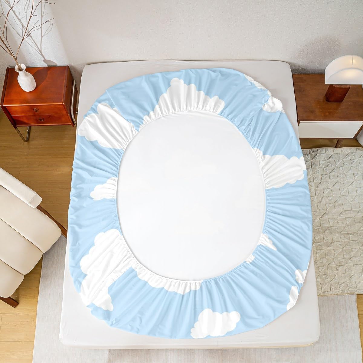 White Clouds Fitted Sheet,Cartoon Clouds Blue Sky Decor Bedding Set for Kids Teens Adults,Simple Style Graffiti Decorative Bed Cover with 2 Pillowcases(No Top Sheet),Queen Size 3 Pcs