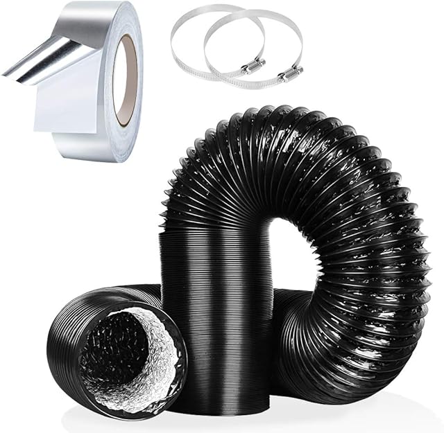 4Inch 5FT Flexible Aluminum Ducting, Black Air Duct Pipe for 100mm Standard Tumble Dryer Vent, Extractor Fan, Grow Tent, 2 Hose Clamps and 1 Aluminum Foil Tape Included