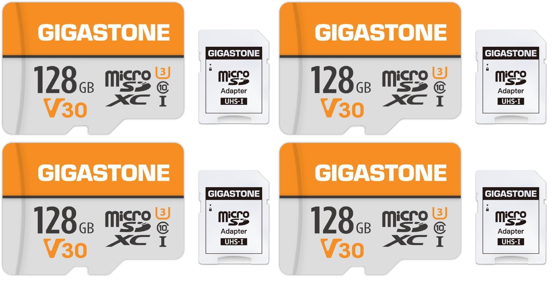 Gigastone Lot de 4 Cartes Mémoire 128 Go Micro SDXC, Compatible avec Gopro Caméra Drone Tablette Samsung Sony, Haute Vitesse pour 4K UHD Vidéo, A1 U3 C10 avec Mini étui et Adaptateur SD.