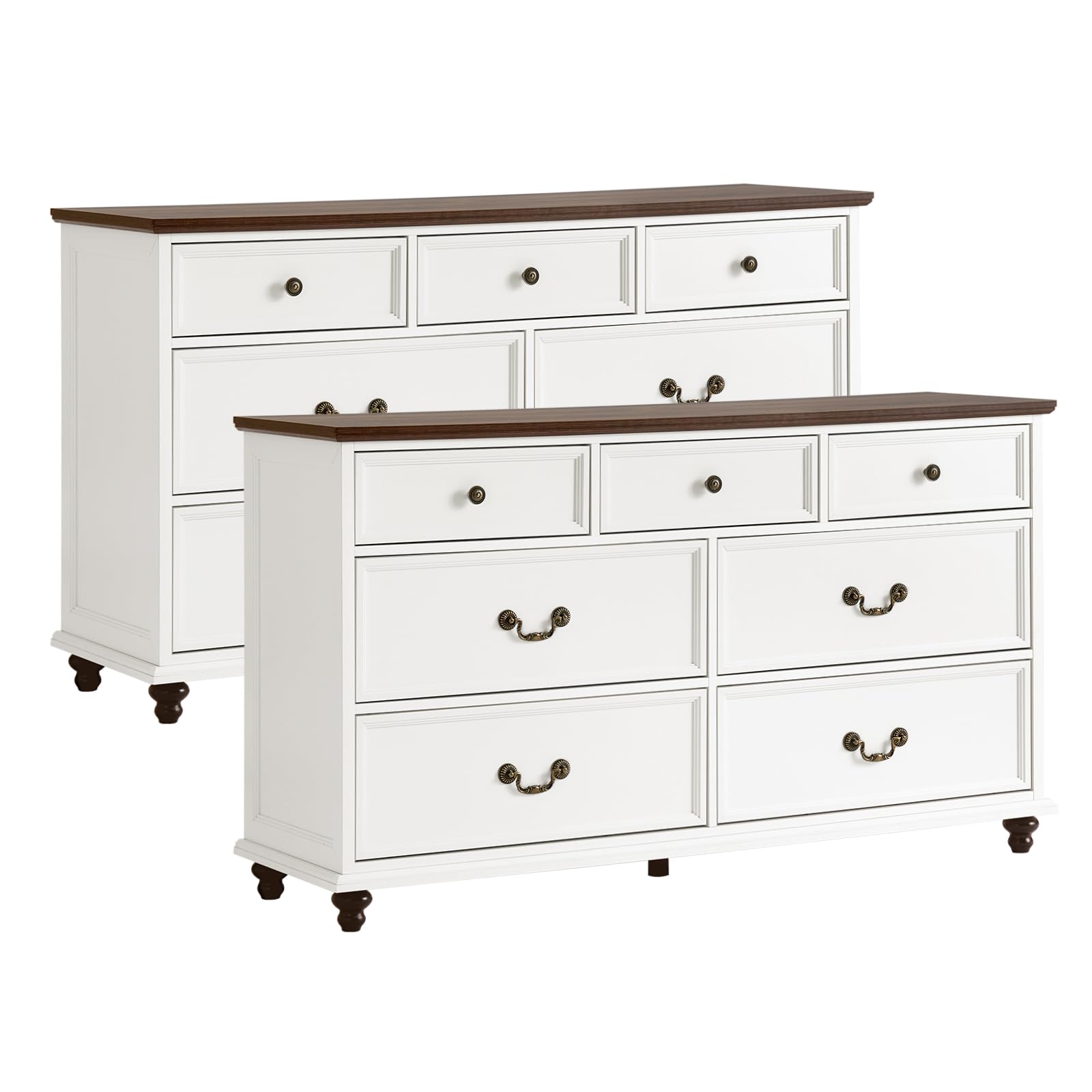 Joaxswe Farmhouse 7 Drawers Dresser Sets of 2 for Bedroom, White 54 Inch Wide Chest of Drawers w/ 4 Wooden Legs, Large Vintage Rustic Closet Dressers for Living Room, Wood TV Stand