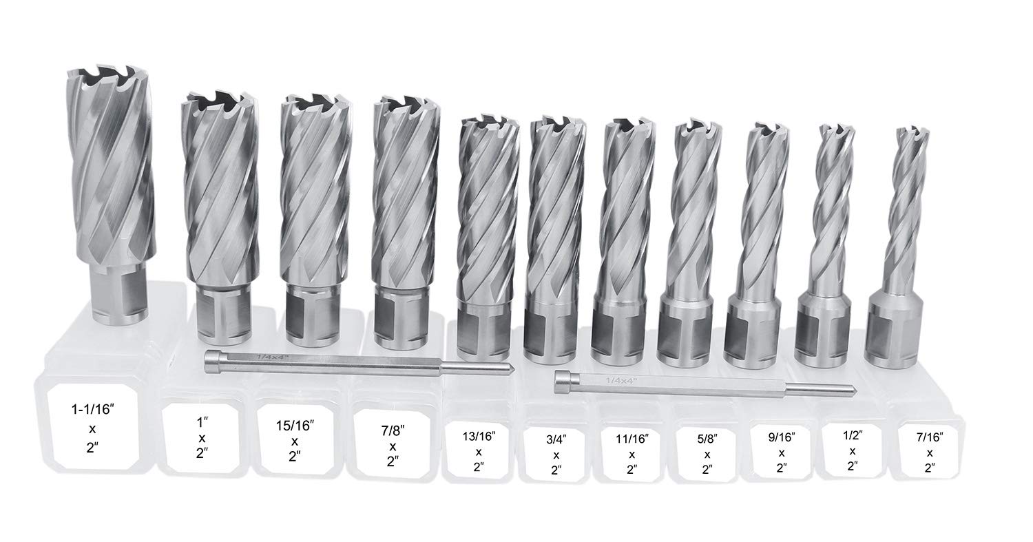 Accusize Industrial Tools13 Pcs/Set 7/16'' to 1-1/16'' H.S.S. Annular Cutters, 2'' Cutting Depth with 2 Pilot Pins, N1