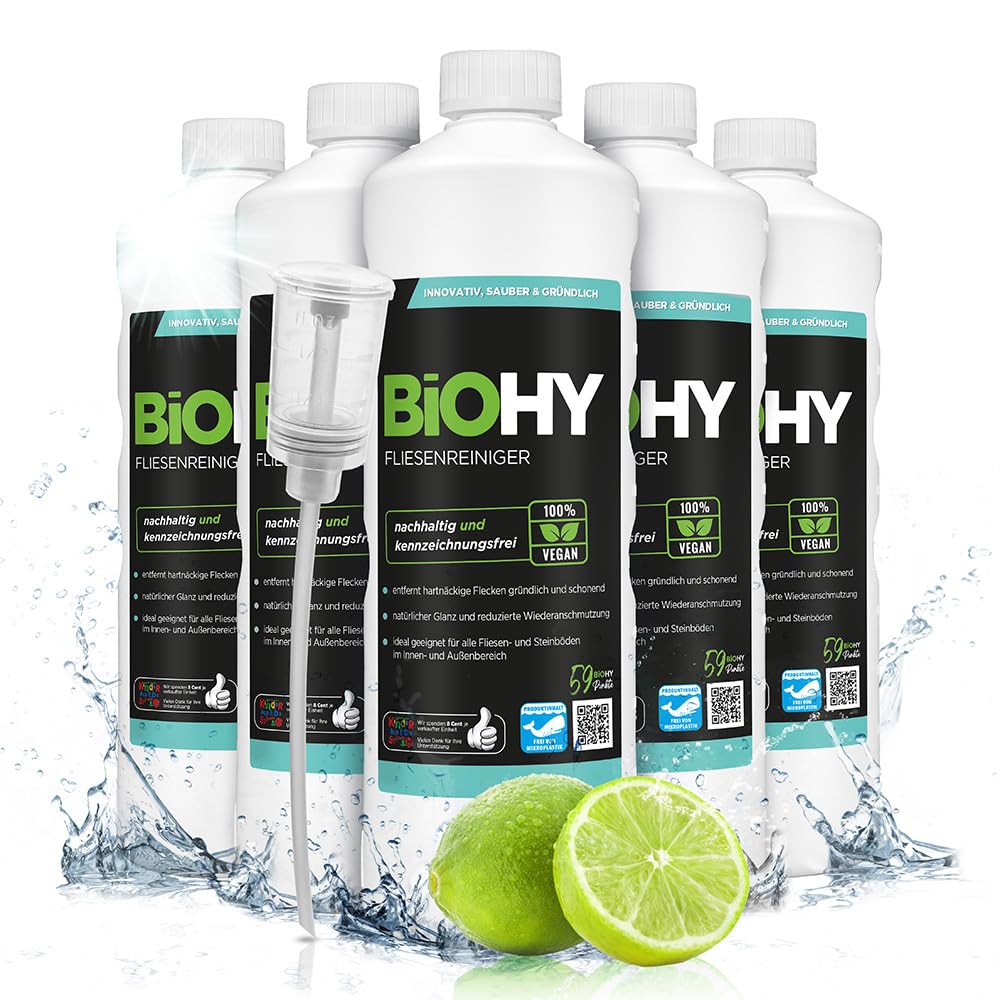 BiOHY Fliesenreiniger (6x1l Flasche) + Dosierer | speziell entwickelt für Stein- & Fliesenböden | hinterlässt eine schmutzabweisende Glanzschicht | entfernt jegliche Art von Schmutz mühelos