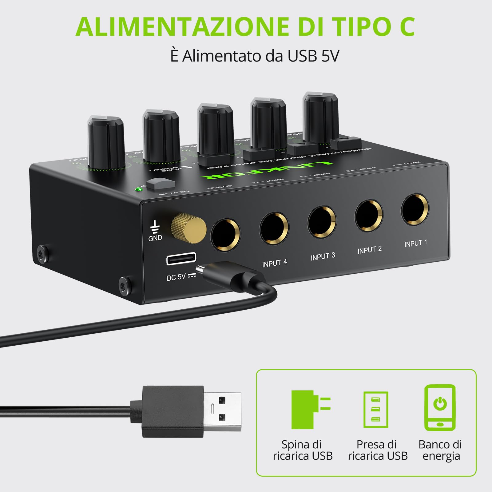 LiNKFOR Mixer Audio 4 Canali Stereo Multifunzionale 4 Channel Audio Mixer con Controllo Indipendente del Volume Audio Mixer 4 Canali per Piccolo Bar Microfoni Chitarre Bassi Tastiere e Mixer di Palco