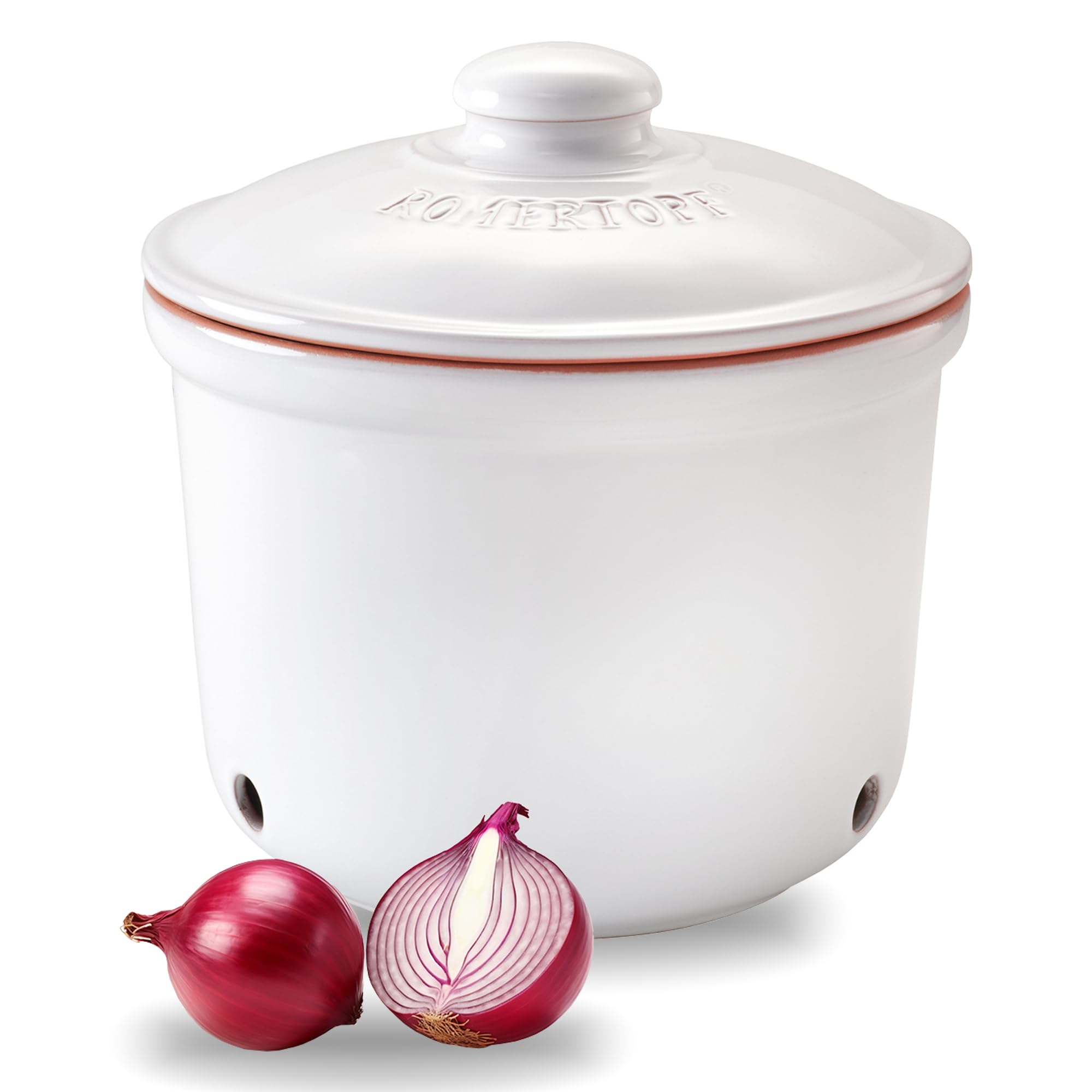 Romertopf Onion Storage Pot with Lid – Ventilated Clay Container, Keeps Onions Fresh, White