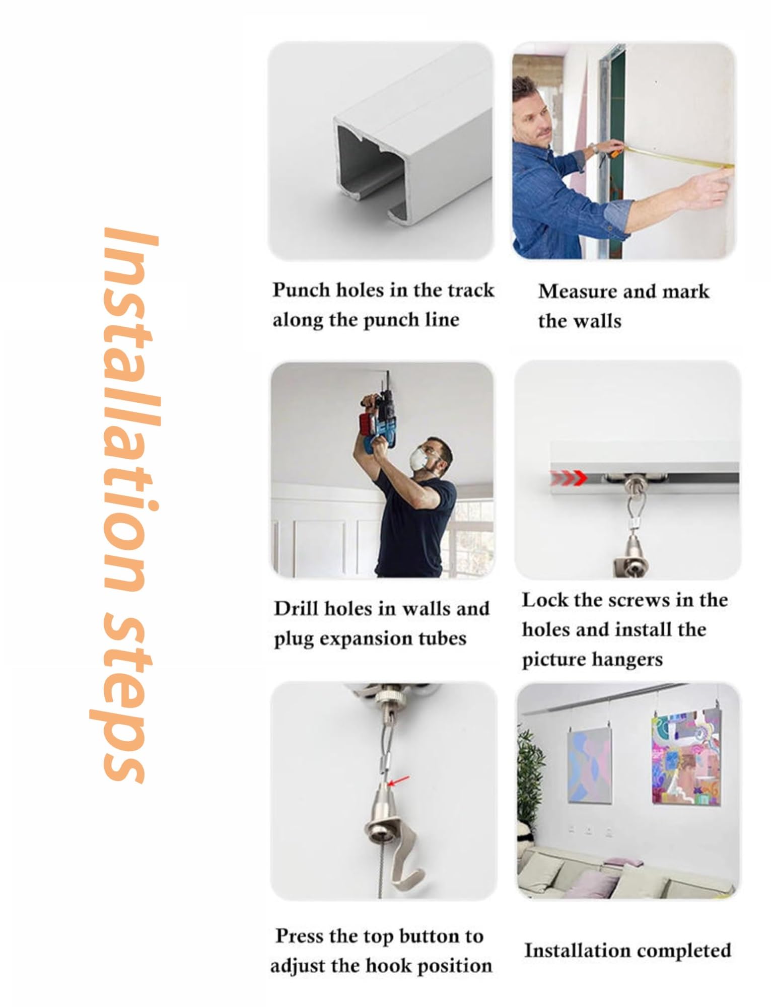 Galerie-Ausstellungsschiene mit Stahldrahtseilhaken, verstellbare Schiene für bewegliche und positionierbare Bilderaufhängung