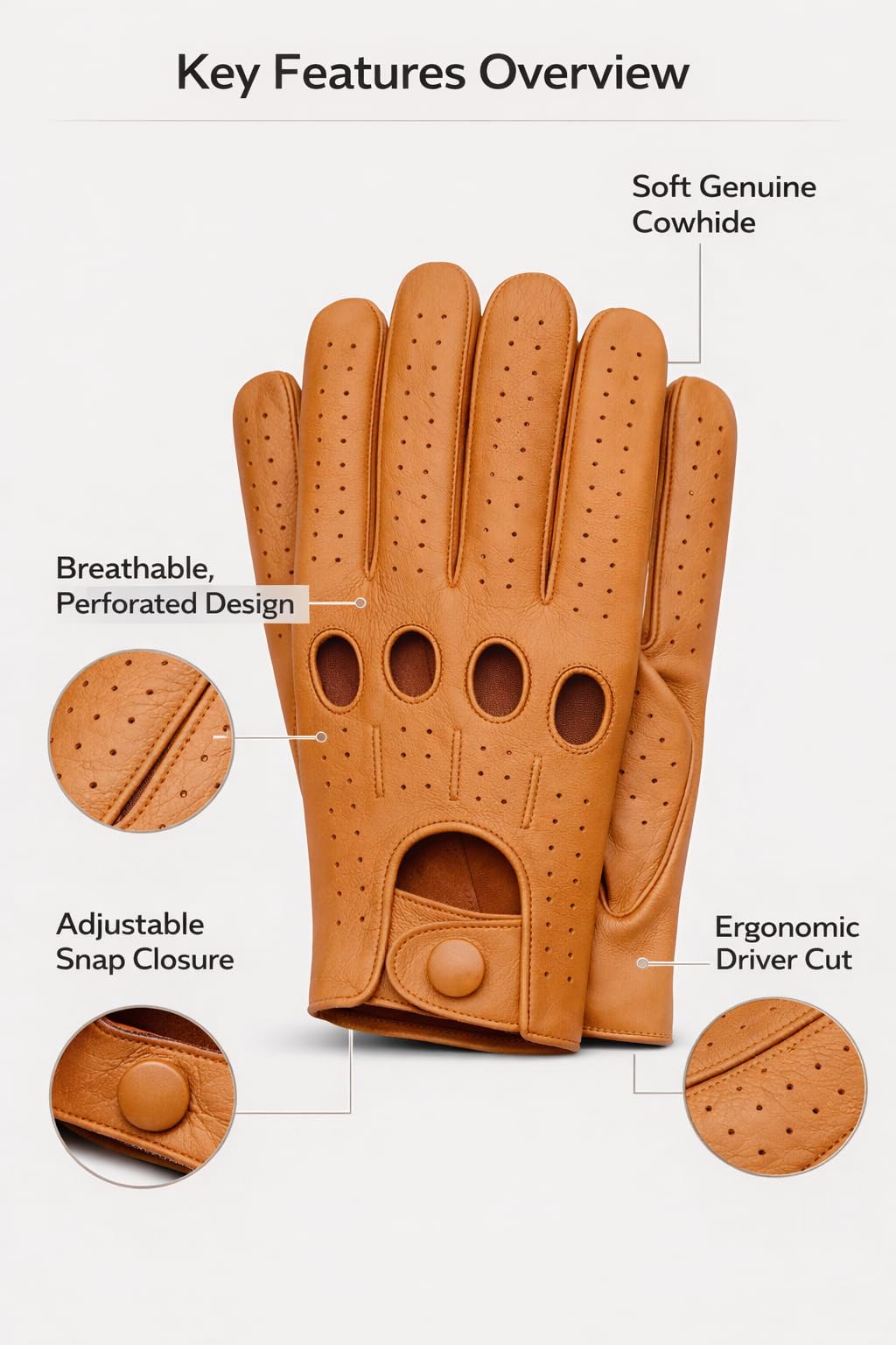 Riparo Gants de Conduite Automobile en Cuir Riparo pour Hommes Gants en Cuir à Doigts complets (M, Cognac)