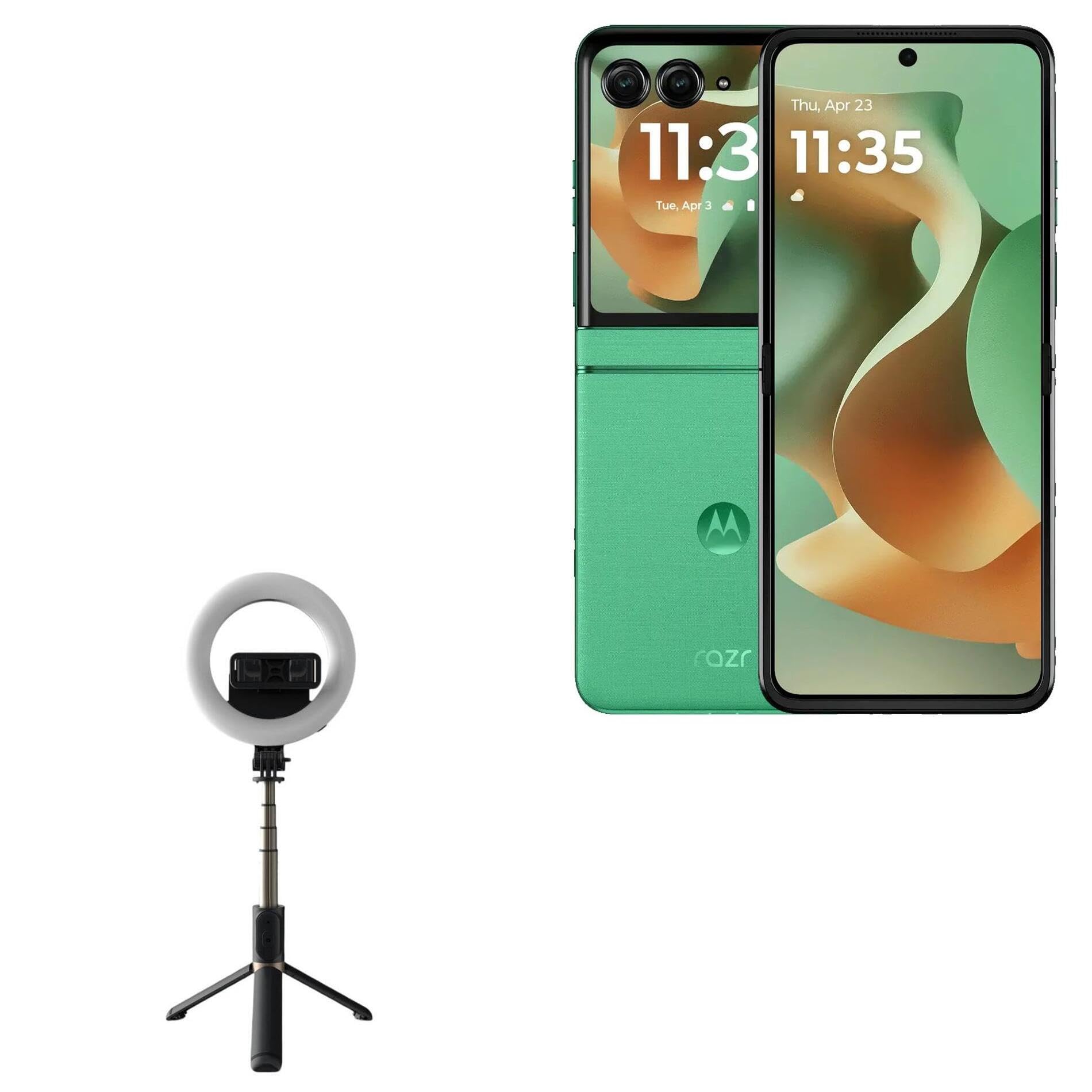 BoxWave Stand and Mount Compatible with Motorola Razr 60 - RingLight SelfiePod, Selfie Stick Extendable Arm with Ring Light - Jet Black