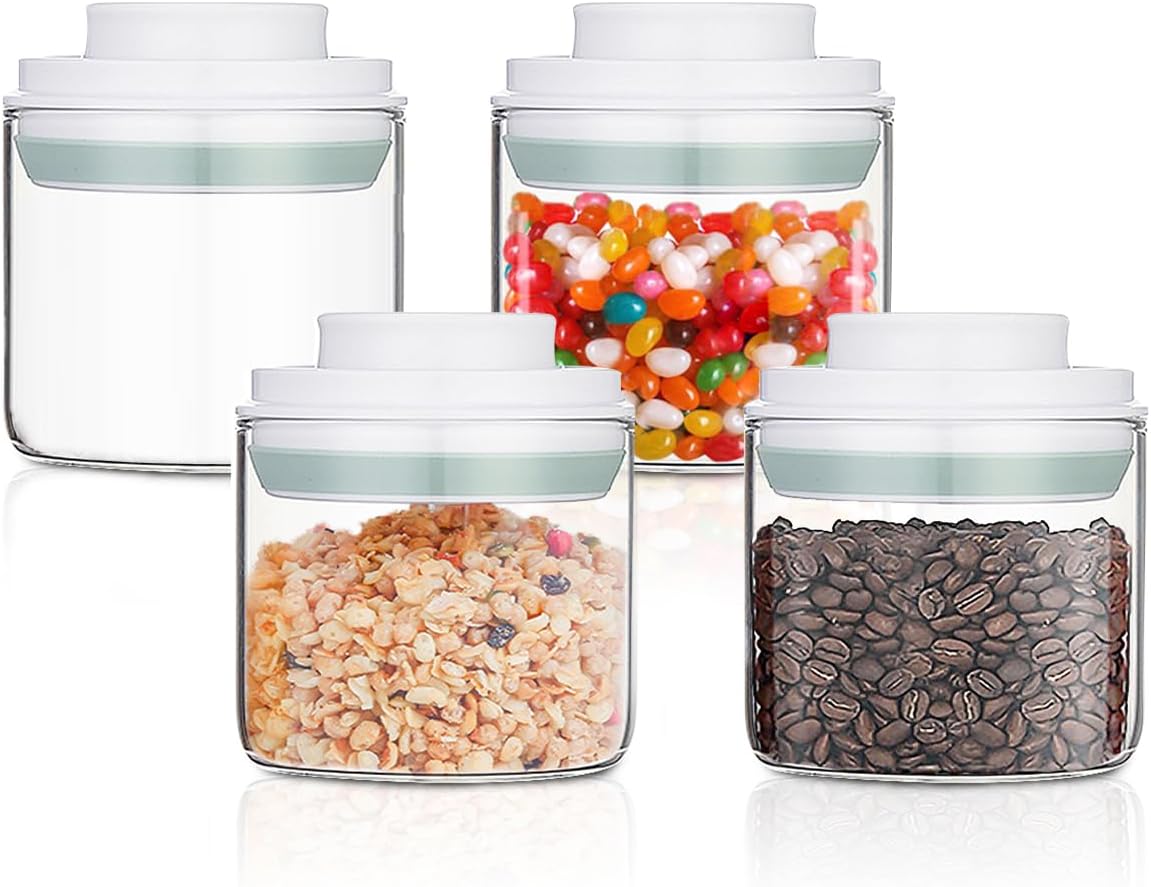 Glass jars with Airtight Lid- 4 Pcs(0.34qt / 11oz)，Clear Round Glass Food Storage Containers，Storage for Milk Powder Coffee Candy Noodles Nuts Snack