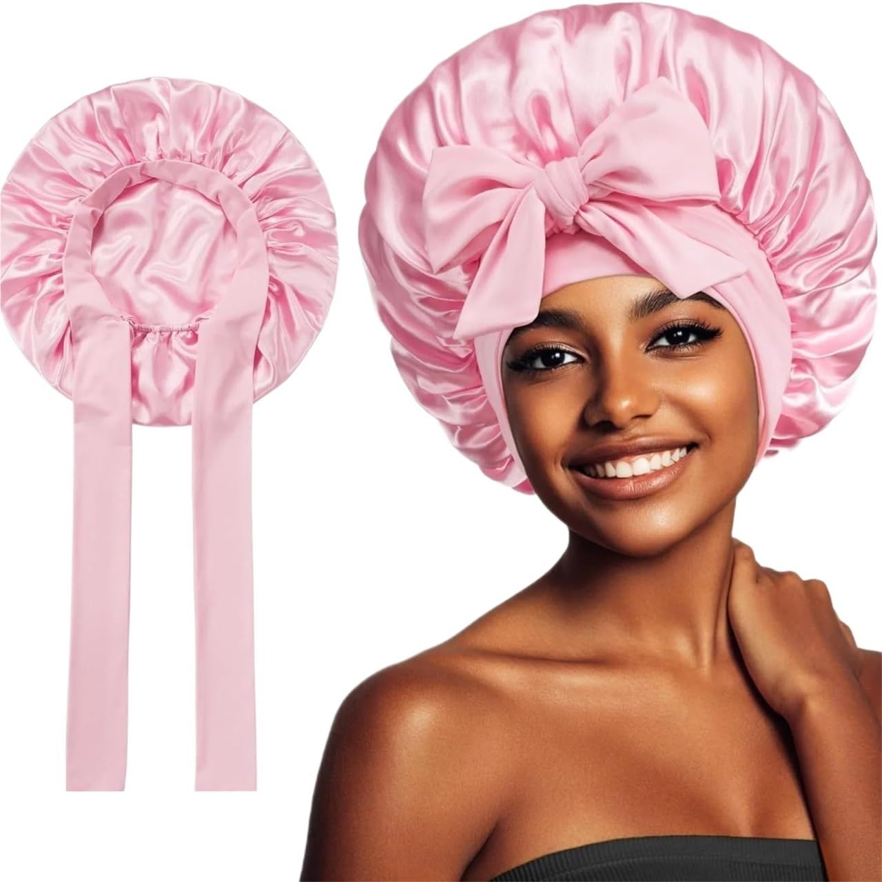 Cuffia In Seta Cofano in raso da donna Cappello notte solido Fascia elastica for cravatta Cuffia bagno notturna Copricapo for capelli regolabile for Per Donne(Pink)