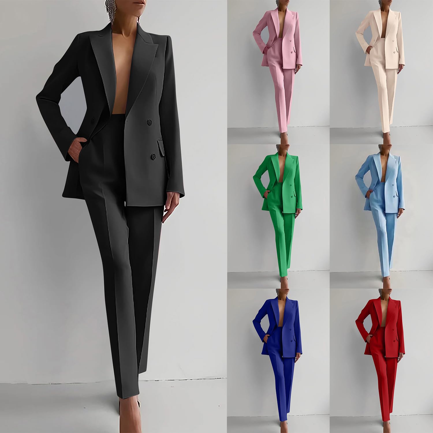 Tailleur Femme 2 Pièces Chic et Elegant Blazer Veste à Manches Longues Slim Fit Formel Bureau Travail Pantalon Costumes Revers Manteau Ensemble Blazer OL Tailleur
