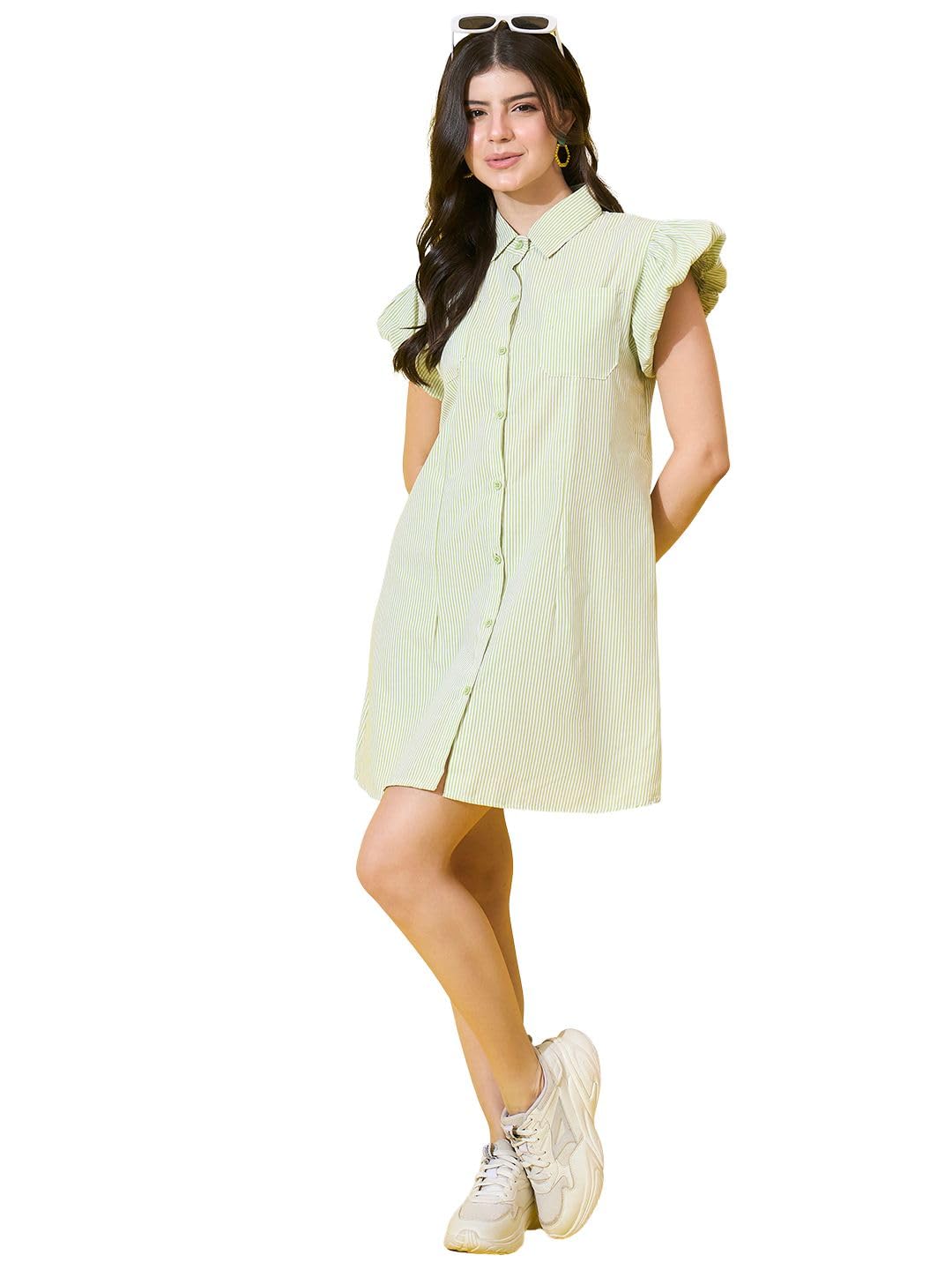 Stylish Ruffle Sleeves Cotton Striped Women A-Line Collar Shirt Dress with Button Front-image-33