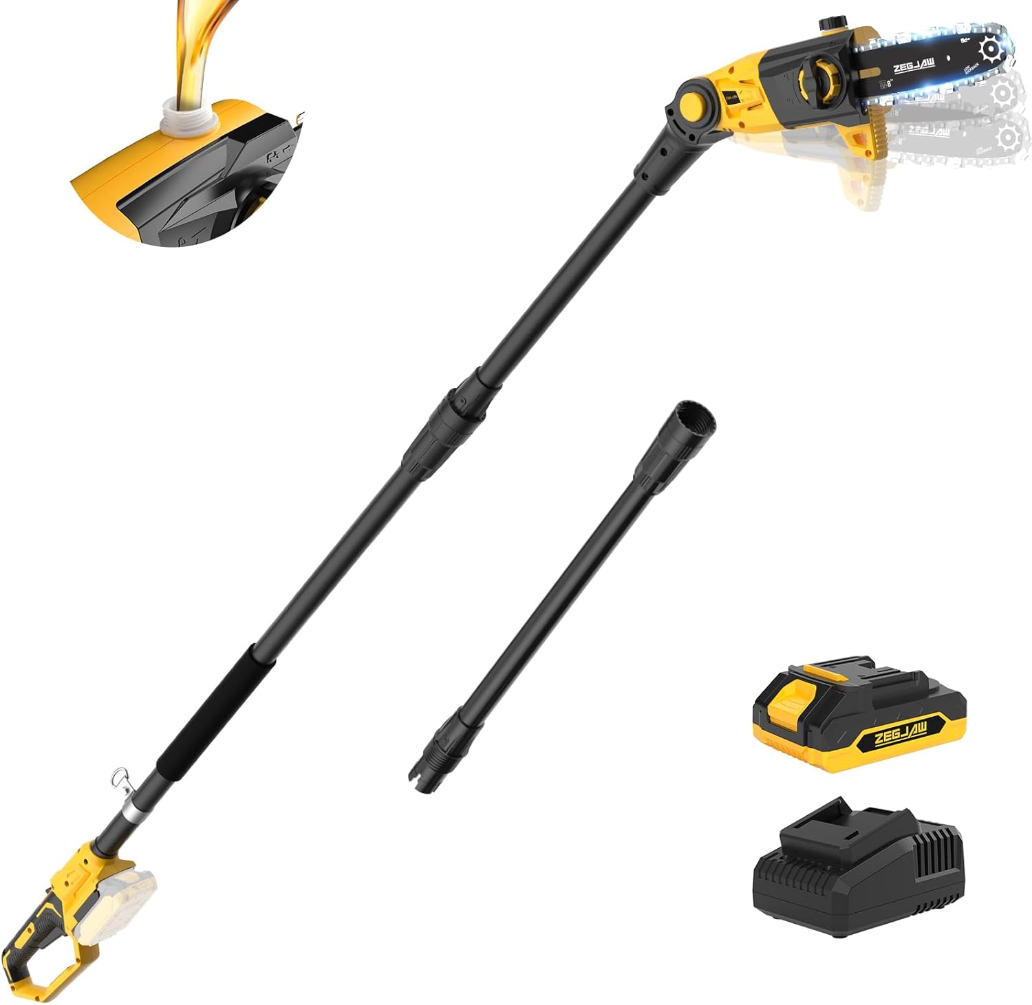ZEGJAW Pole Saw, 8-Inch Pole Saw for Tree Trimming Cordless 15-FT Max Reach, Auto Oiling, Tool-Less Electric Pole Saws, Tree Trimmer with Battery & Fast Charger