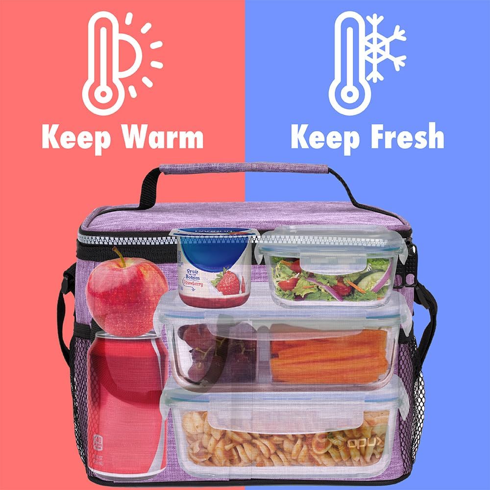 opux Insulated Lunch Bag for Men Women, Leakproof Heather Purple Lunch Box for Work, Portable Soft Lunch Cooler Bag with Shoulder Strap, Adult Lunchbox Lunch Pail for Kid Boy Girl School, 14 Can/8L - Image 2