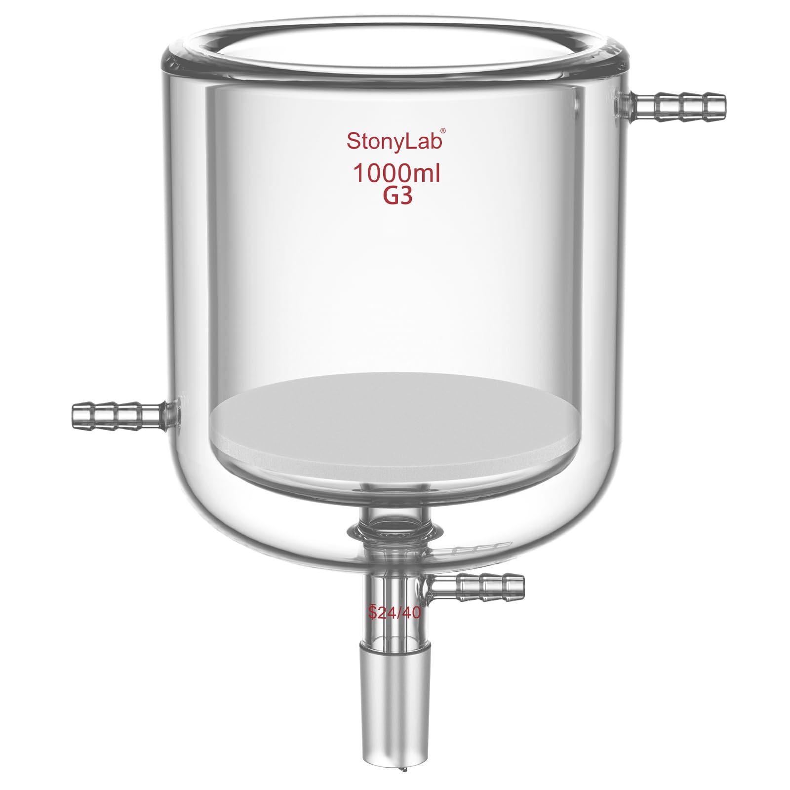 stonylab Jackettierter Buchner-Trichter mit Feinem Frittiertem Scheibenfilter (15-40 μm), Borosilikatglas, 24/40 Anschluss, 10 mm Schlauchanschluss, 1000 ml für Temperaturgeregelte Vakuumfiltration