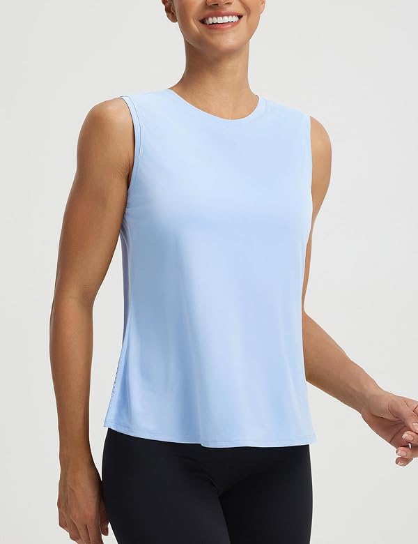 baleaf Women Athletic Tops Sleeveless Workout Tank Tops Tennis Running Yoga Gym Lightweight Quick Dry Split Back Loose Fit UPF 50+ Light Blue S by baleaf - Image 2