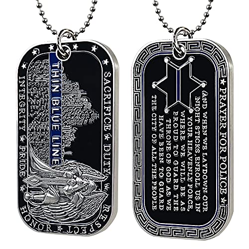 AtSKnSK Police Officers Challenge Coin St. Michael Thin Blue Line Dog Tag Pendent Necklace