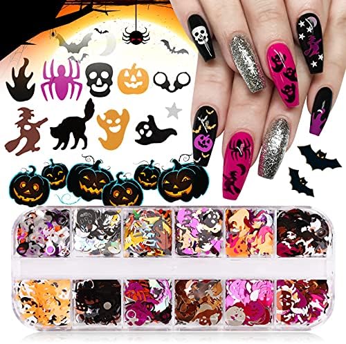EBANKU 1 Box Halloween Nail Art Glitter Sequins, 3D Flakes Halloween Gold Black Metal Nail Glitter, Bat Skull Spider Pumpkin Nail Design Sequins for Women Girls DIY Nail Art Decor